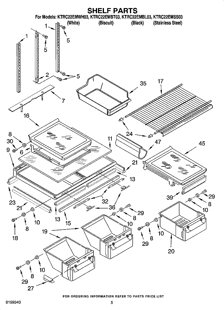 SHELF PARTS Diagram and Parts List for KTRC22EMSS03  KitchenAid Refrigerator
