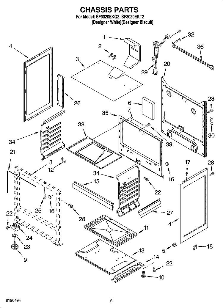 CHASSIS PARTS Diagram and Parts List for SF3020EKT2  Whirlpool Range