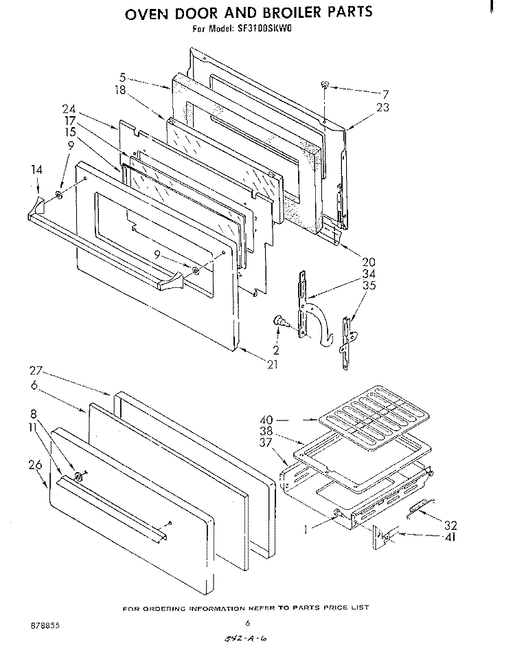 OVEN DOOR AND BROILER Diagram and Parts List for SF3100SKW0  Whirlpool Range
