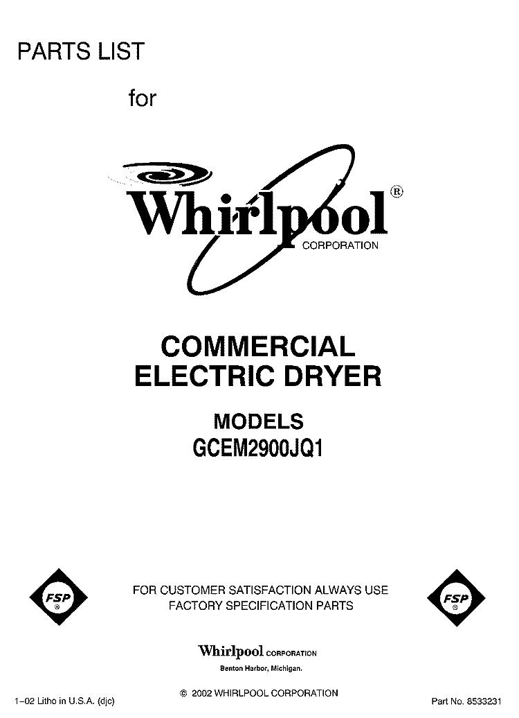 FRONT COVER Diagram and Parts List for GCEM2900JQ1  Whirlpool Dryer