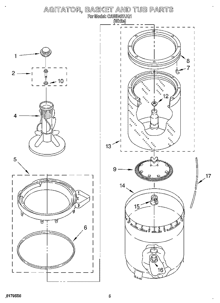 AGITATOR, BASKET AND TUB Diagram and Parts List for CAWB427JQ1  Crosley Washer