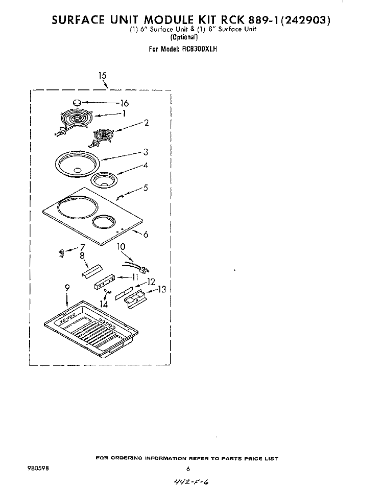 SURFACE UNIT KIT RCK889-1 Diagram and Parts List for RC8300XLH  Whirlpool Cooktop