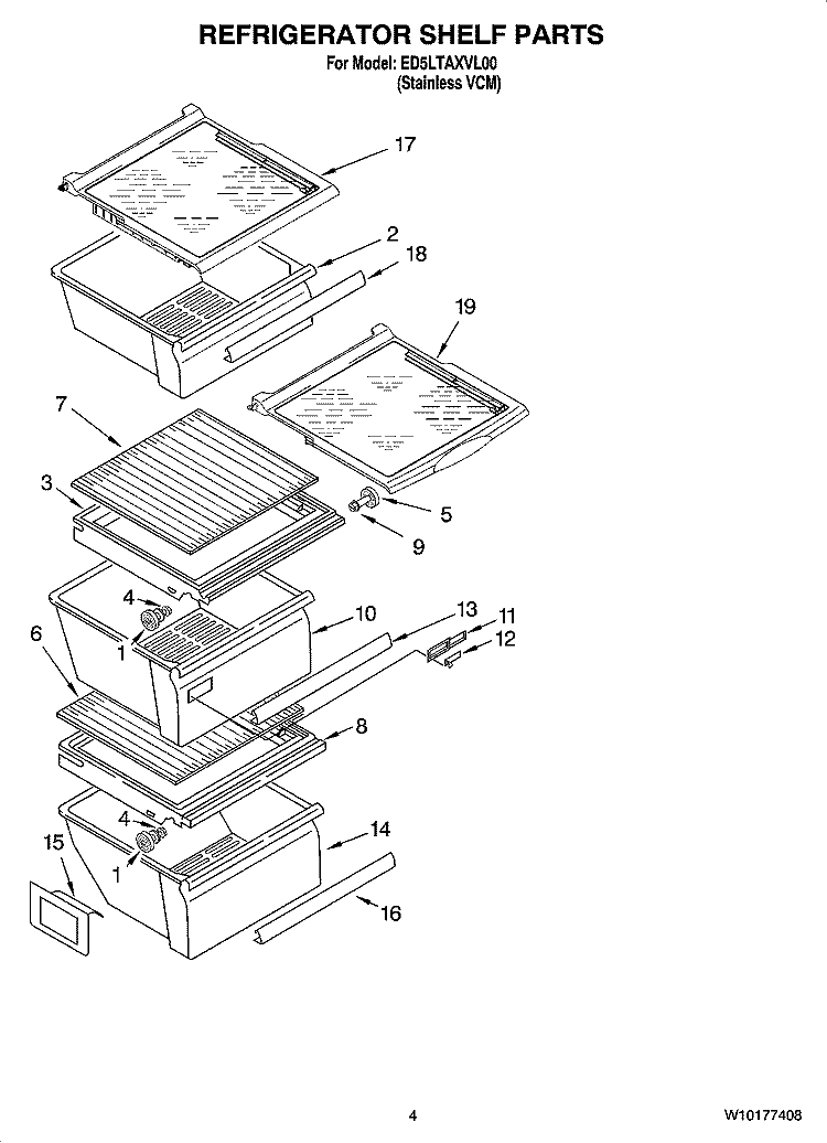 REFRIGERATOR SHELF PARTS Diagram and Parts List for ED5LTAXVL00  Whirlpool Refrigerator