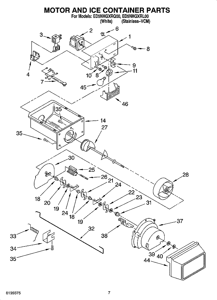 MOTOR AND ICE CONTAINER PARTS Diagram and Parts List for ED5NHGXRQ00  Whirlpool Refrigerator