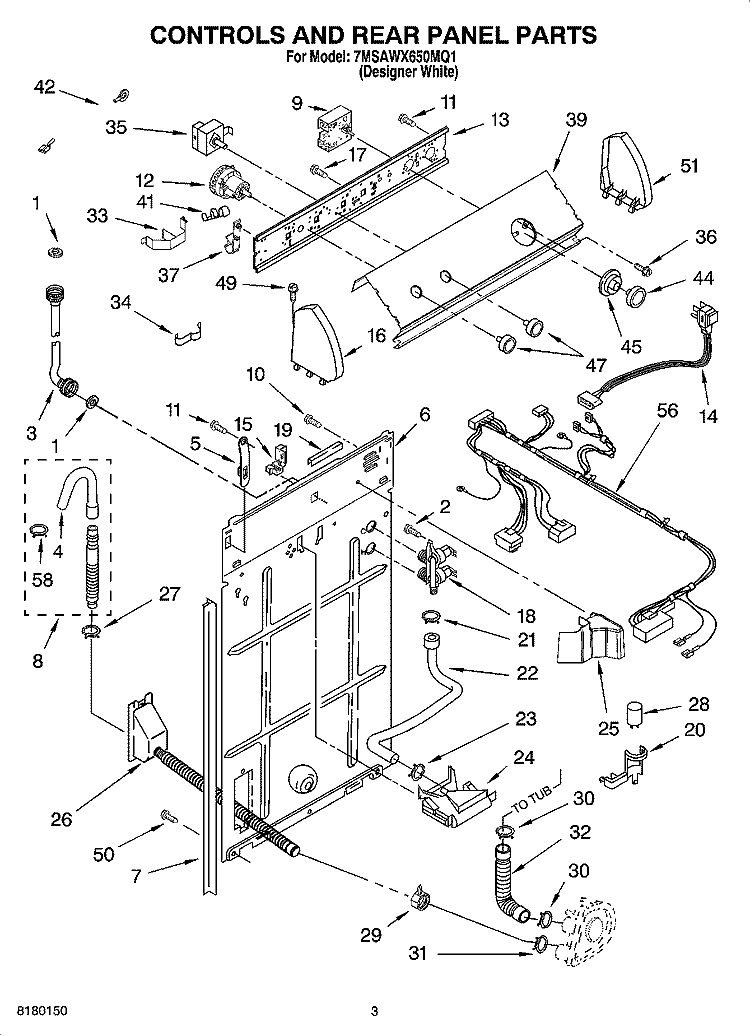 CONTROL AND REAR PANEL PARTS Diagram and Parts List for 7MSAWX650MQ1  Whirlpool Washer