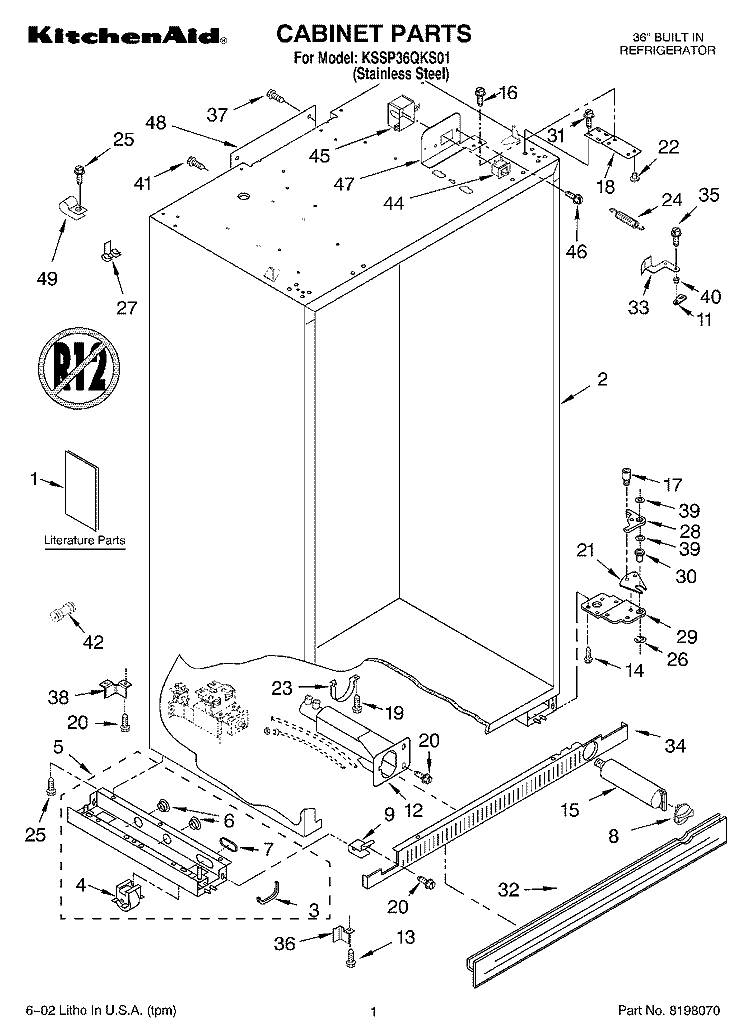CABINET, LITERATURE Diagram and Parts List for KSSP36QKS01  KitchenAid Refrigerator