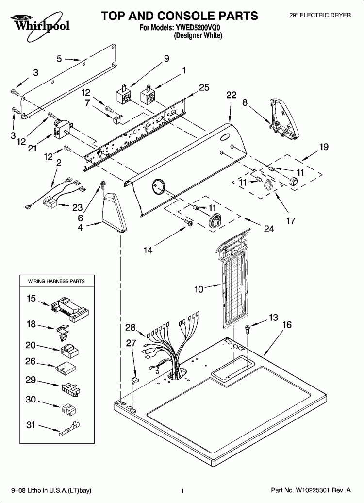 TOP AND CONSOLE PARTS Diagram and Parts List for YWED5200VQ0  Whirlpool Dryer