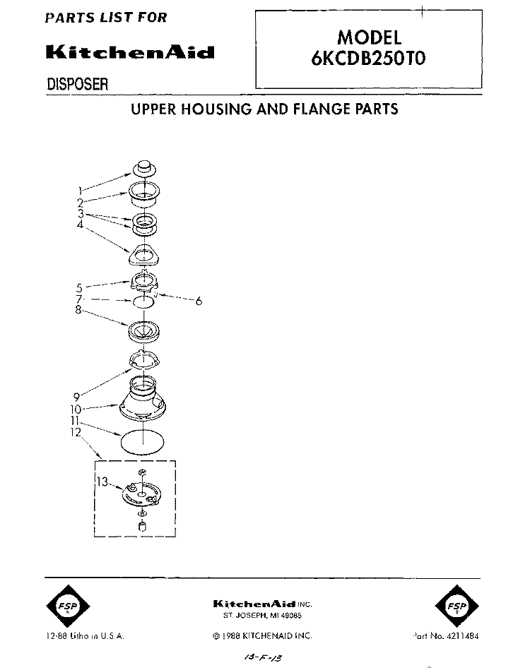 SECTION Diagram and Parts List for 6KCDB250T0  KitchenAid Food Waste Disposer