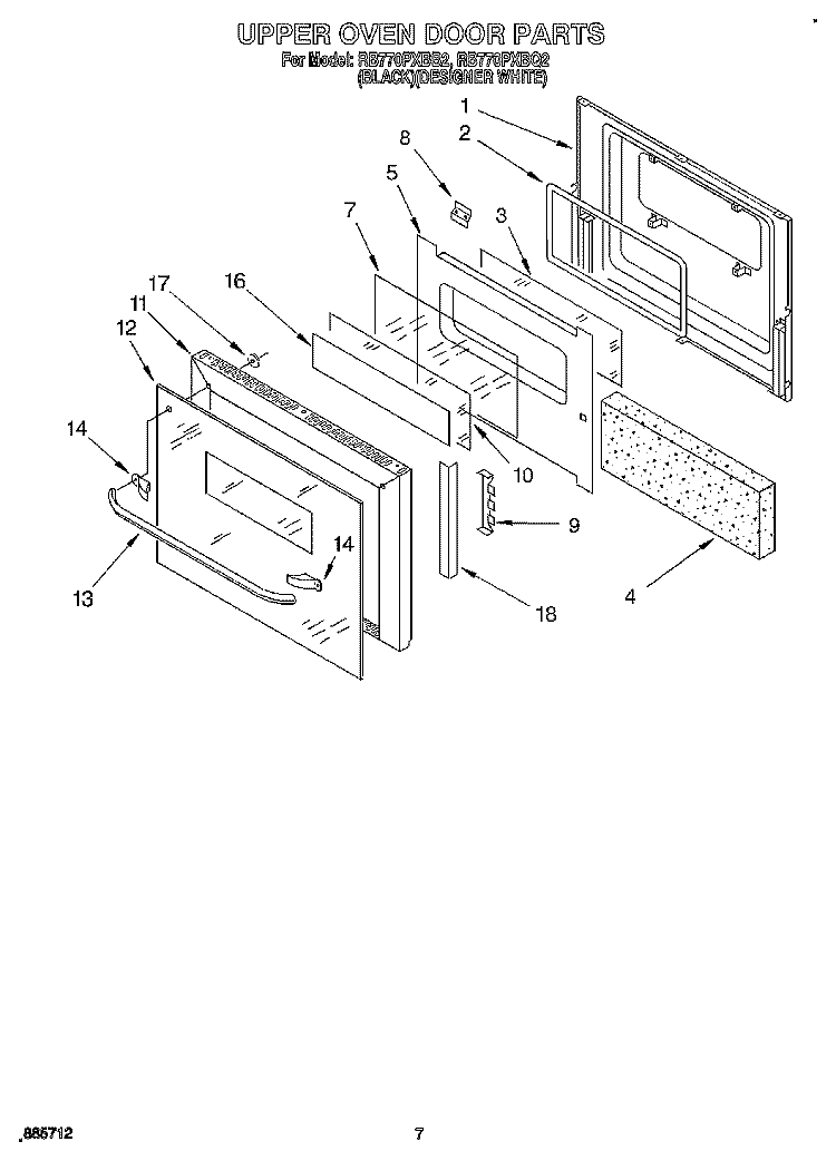 UPPER OVEN DOOR Diagram and Parts List for RB770PXBQ2  Whirlpool Wall Oven