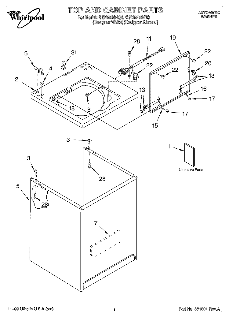 TOP AND CABINET, LITERATURE Diagram and Parts List for GSN2000HZ0  Whirlpool Washer