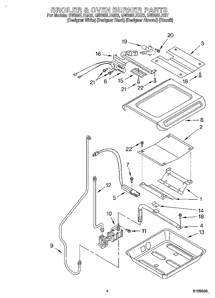 BROILER AND OVEN BURNER Diagram and Parts List for GW395LEGB3  Whirlpool Range