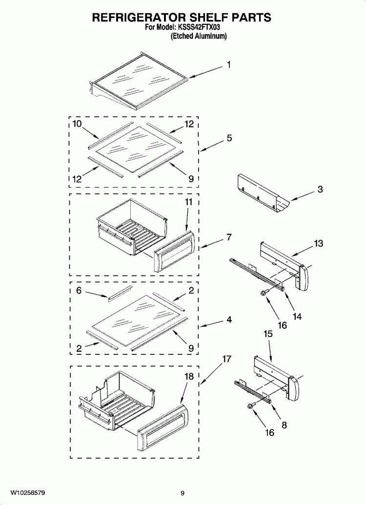 REFRIGERATOR SHELF PARTS Diagram and Parts List for KSSS42FTX03  KitchenAid Refrigerator