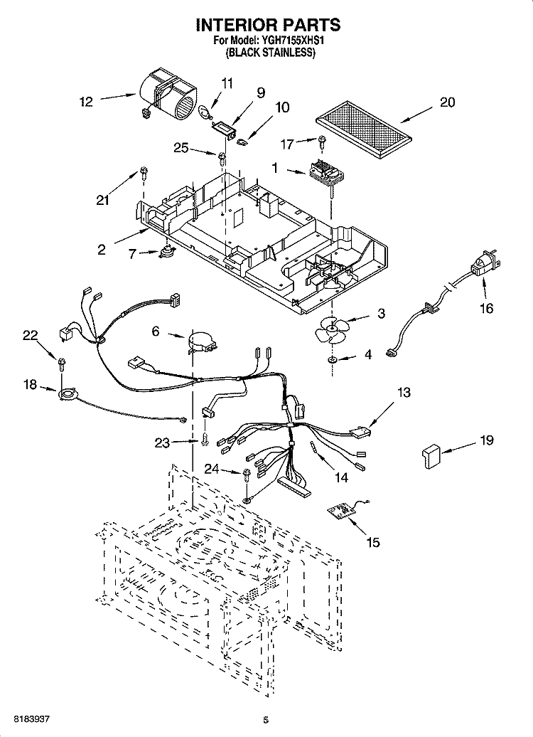 INTERIOR PARTS Diagram and Parts List for YGH7155XHS1  Whirlpool Microwave