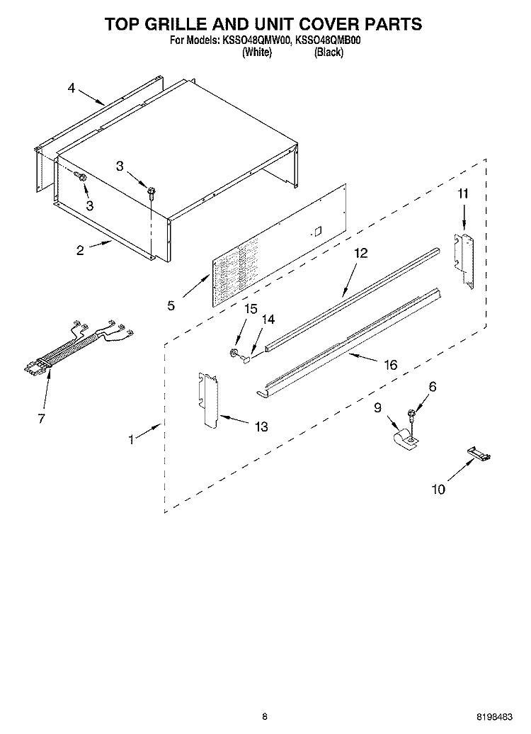 TOP GRILLE AND UNIT COVER PARTS Diagram and Parts List for KSSO48QMW00  KitchenAid Refrigerator
