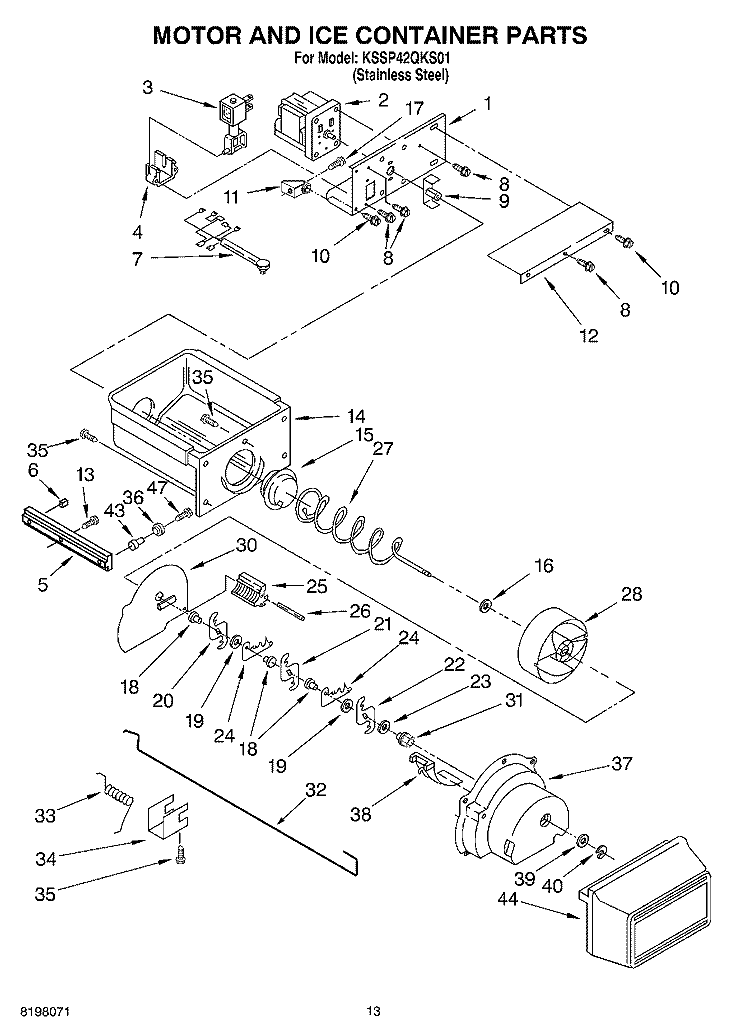 MOTOR AND ICE CONTAINER Diagram and Parts List for KSSP42QKS01  KitchenAid Refrigerator