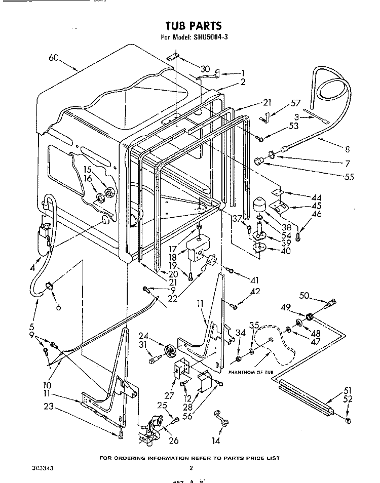 TUB, LITERATURE AND OPTIONAL Diagram and Parts List for SHU50043  Whirlpool Dishwasher