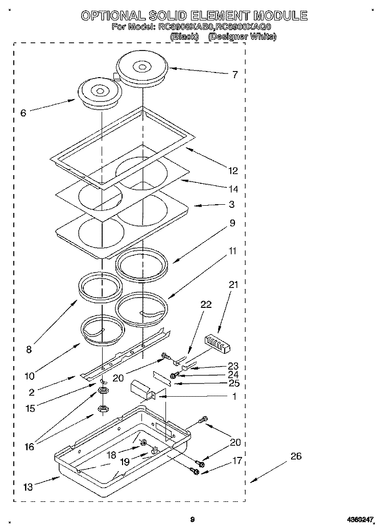 OPTIONAL SOLID ELEMENT MODULE Diagram and Parts List for RC8900XAB0  Whirlpool Cooktop