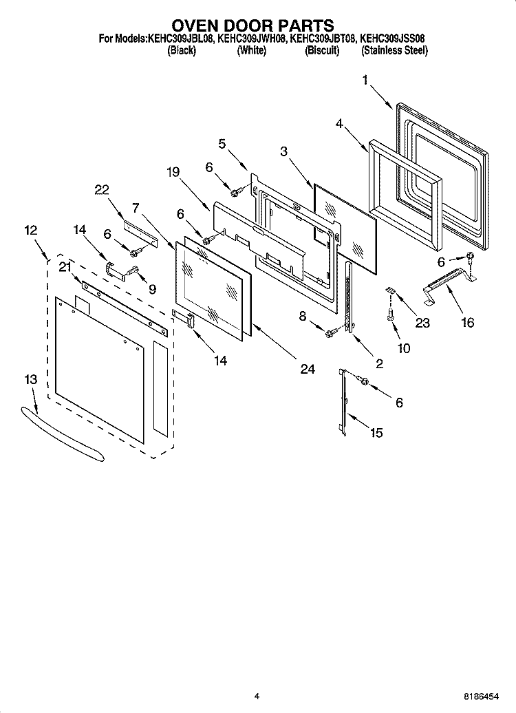 OVEN DOOR PARTS Diagram and Parts List for KEHC309JBT08  KitchenAid Microwave Oven Combo