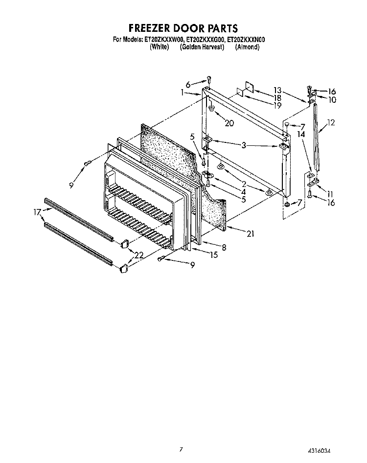 FREEZER DOOR Diagram and Parts List for ET20ZKXXG00  Whirlpool Refrigerator