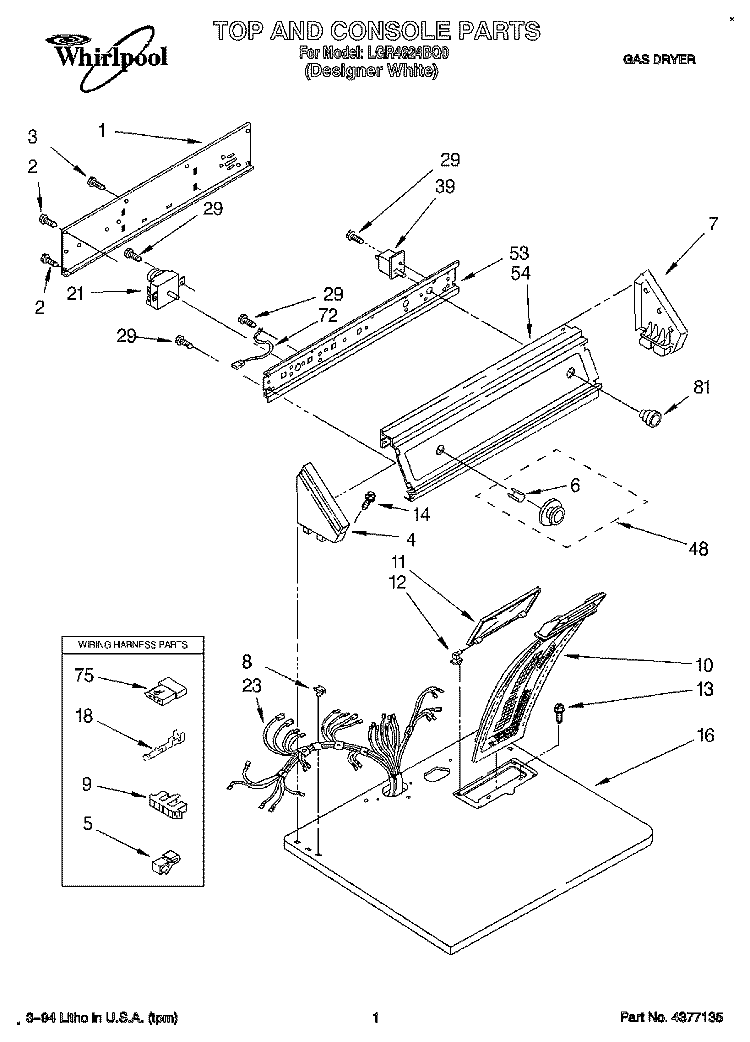 TOP AND CONSOLE, LIT/OPTIONAL Diagram and Parts List for LGR4624BQ0  Whirlpool Dryer