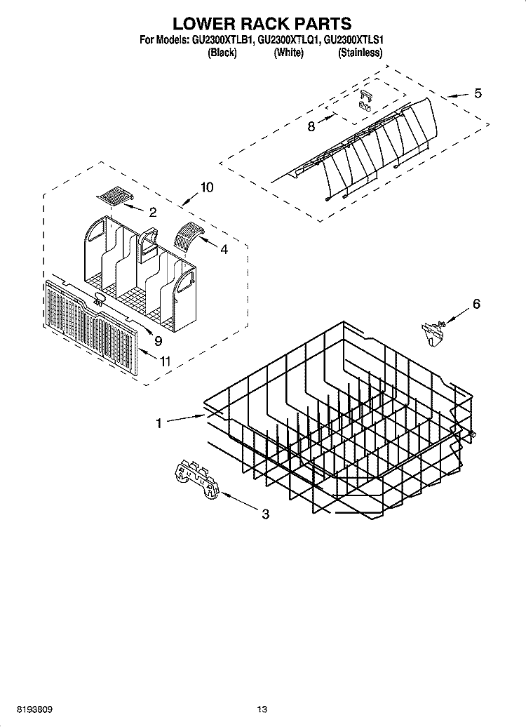 LOWER RACK PARTS Diagram and Parts List for GU2300XTLB1  Whirlpool Dishwasher