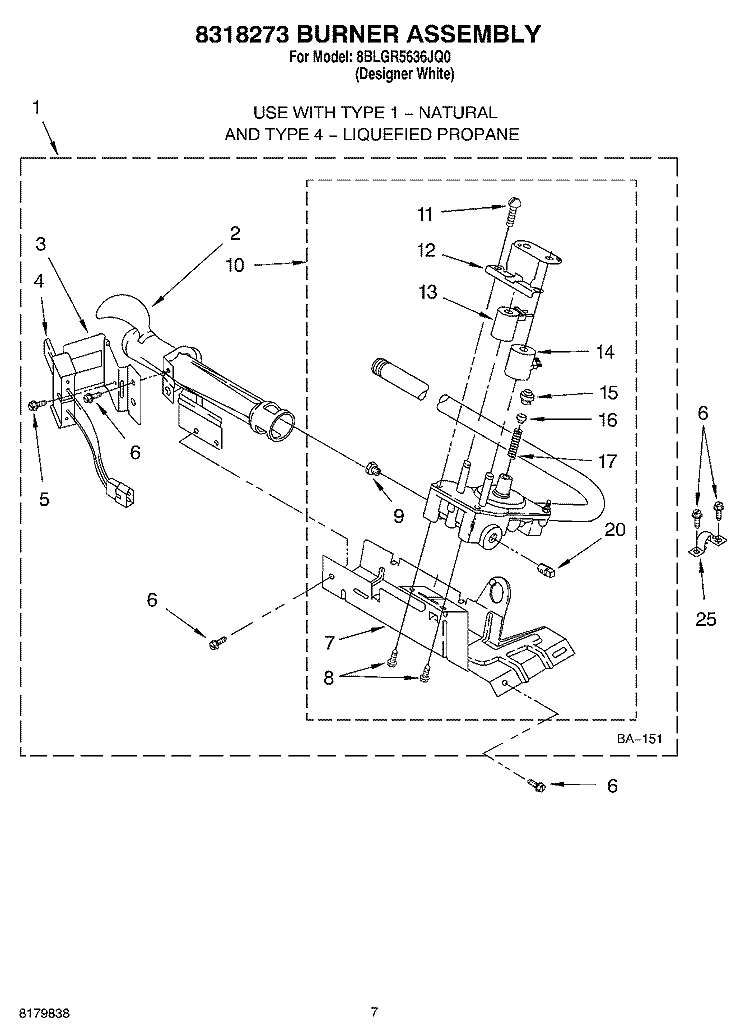 8318273 BURNER Diagram and Parts List for 8BLGR5636JQ0  Whirlpool Dryer