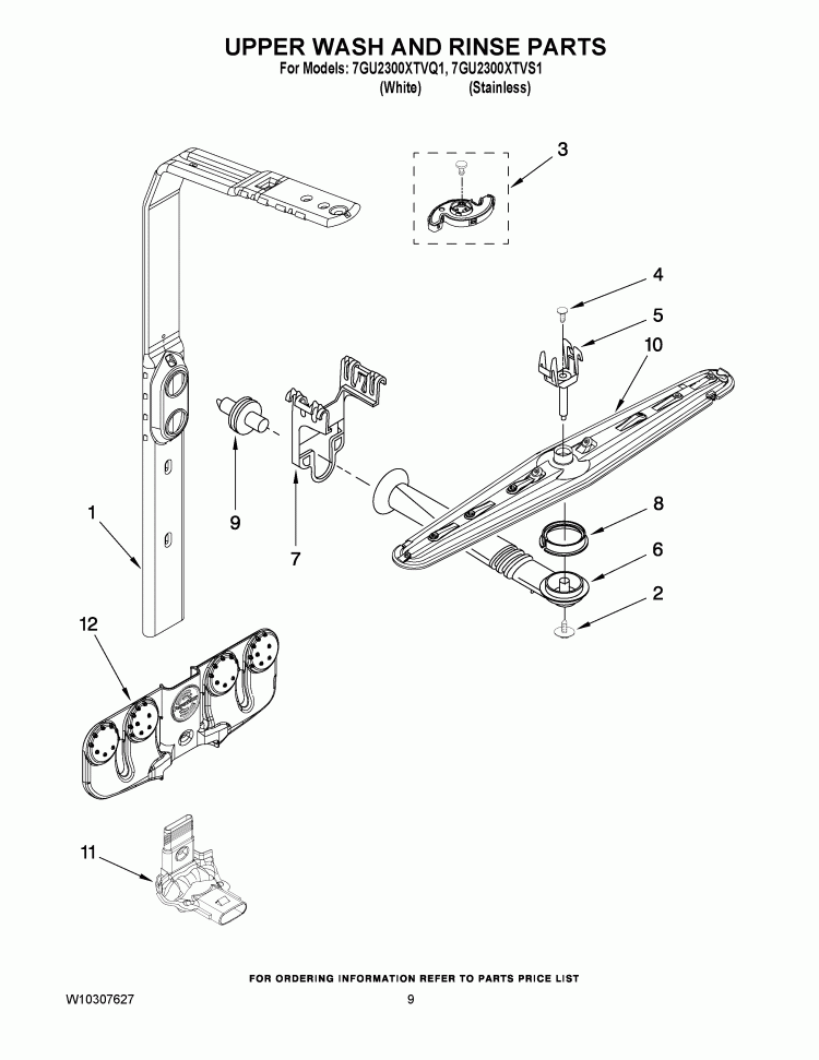 UPPER WASH AND RINSE PARTS Diagram and Parts List for 7GU2300XTVQ1  Whirlpool Dishwasher