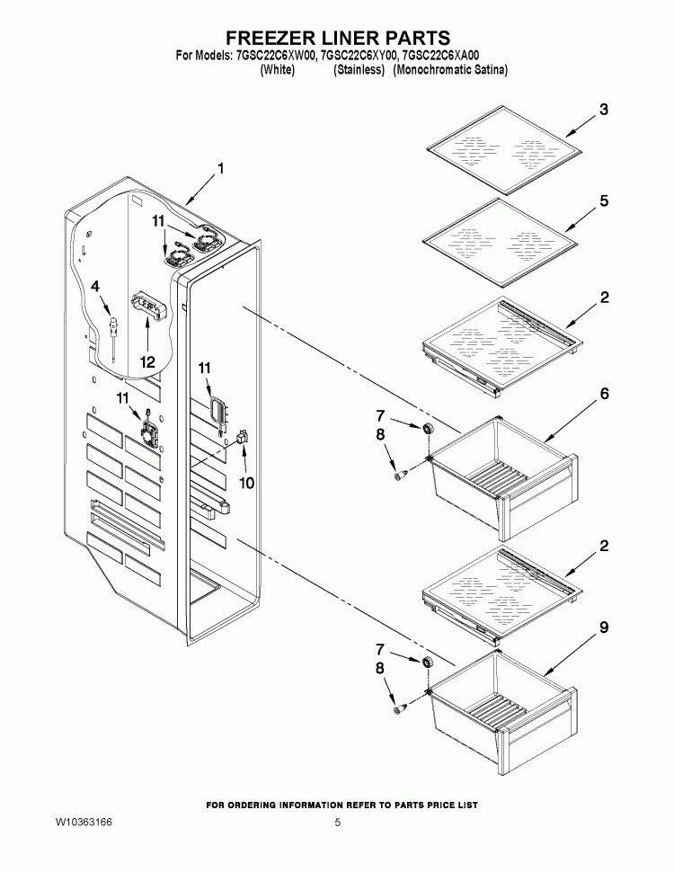 FREEZER LINER PARTS Diagram and Parts List for 7GSC22C6XW00  Whirlpool Refrigerator