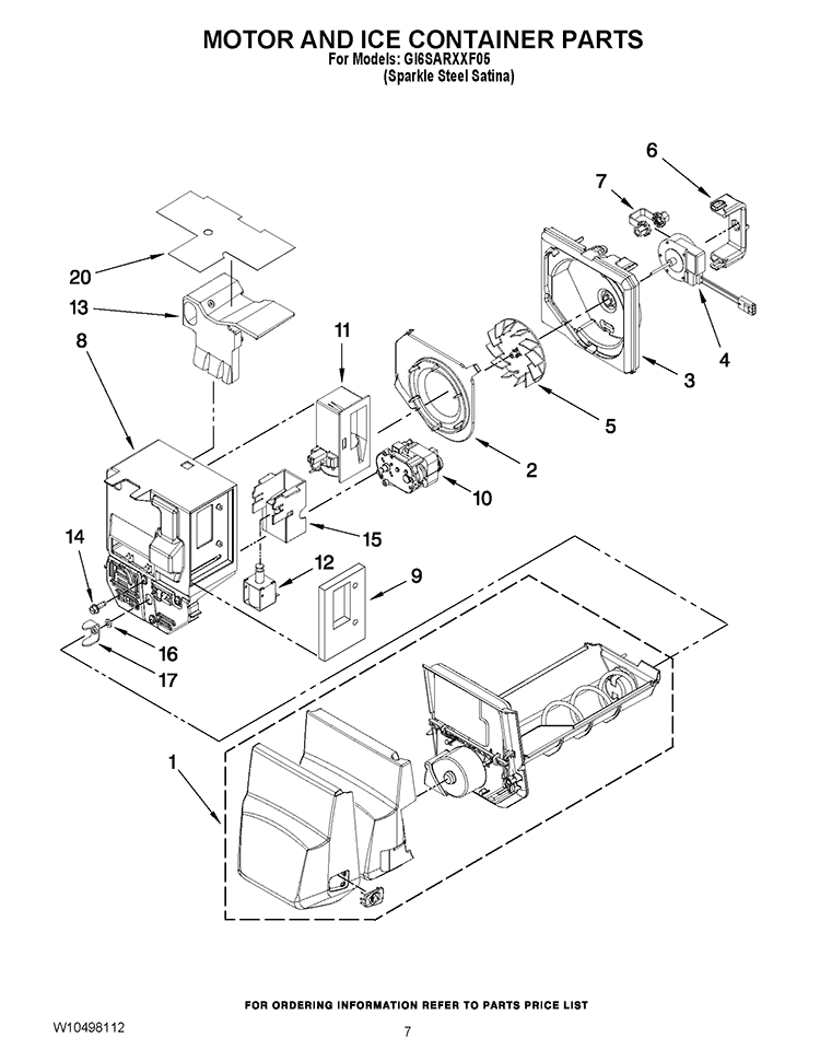 MOTOR AND ICE CONTAINER PARTS Diagram and Parts List for GI6SARXXF05  Whirlpool Refrigerator