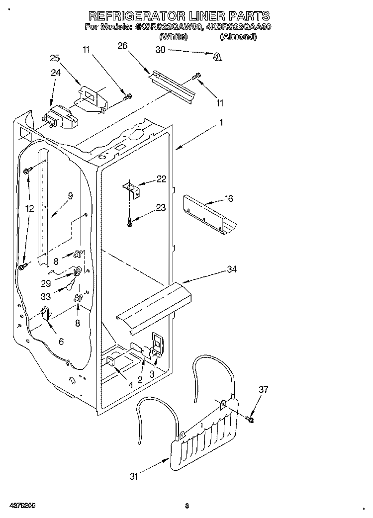 REFRIGERATOR LINER Diagram and Parts List for 4KSRS22QAA00  KitchenAid Refrigerator