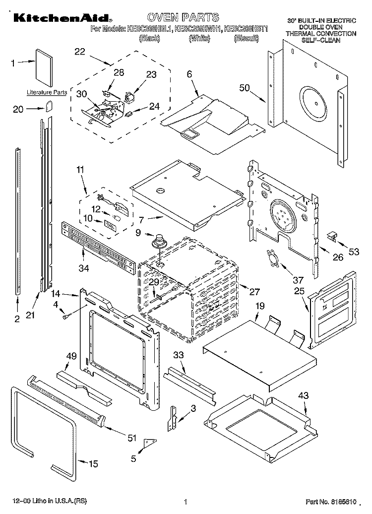 OVEN, LITERATURE Diagram and Parts List for KEBC208HBT1  KitchenAid Wall Oven