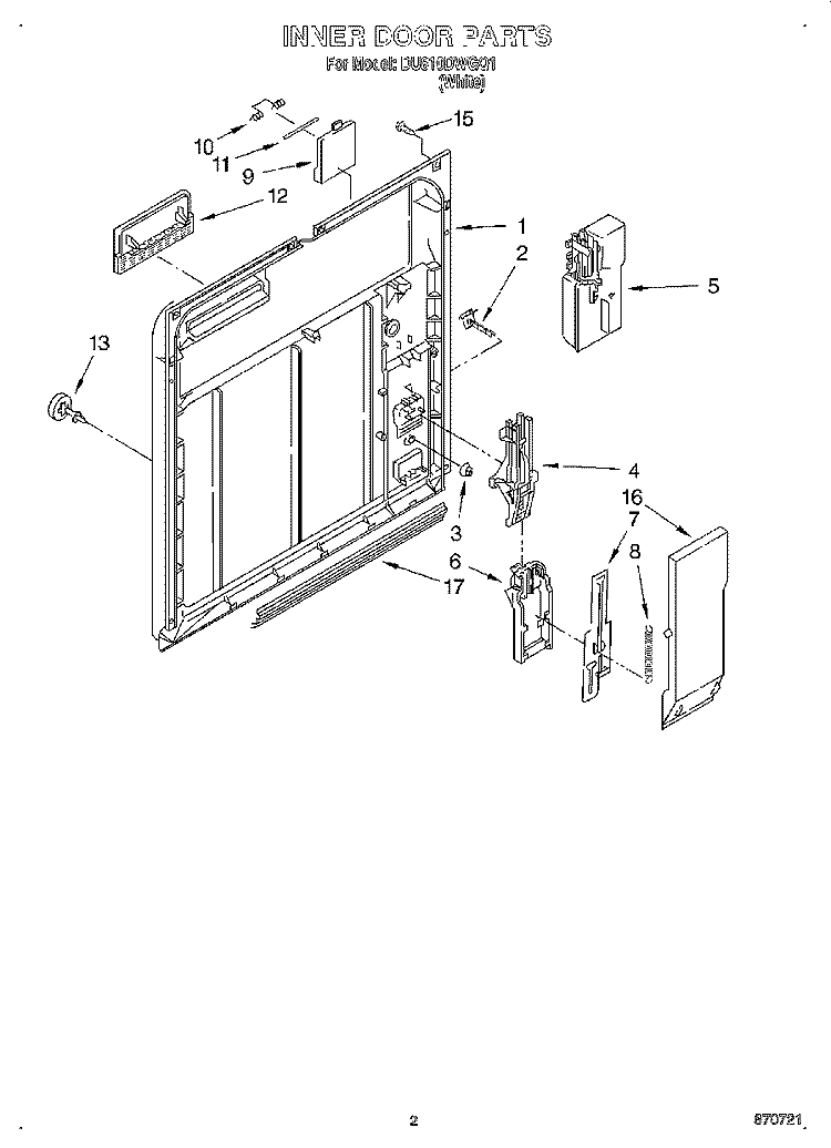 INNER DOOR Diagram and Parts List for DU810DWGQ1  Whirlpool Dishwasher