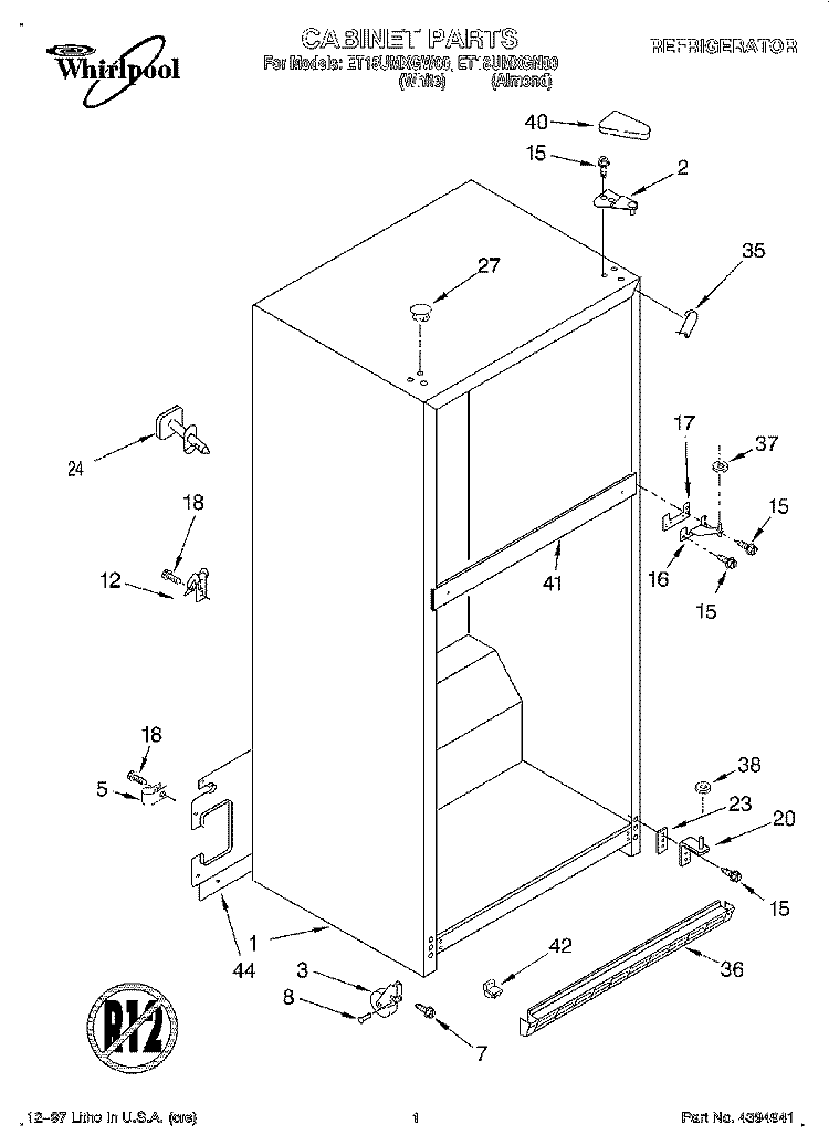 CABINET Diagram and Parts List for ET18UMXGN00  Whirlpool Refrigerator
