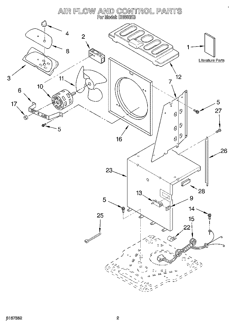 AIR FLOW AND CONTROL, LITERATURE Diagram and Parts List for DH600K0  Whirlpool Dehumidifier