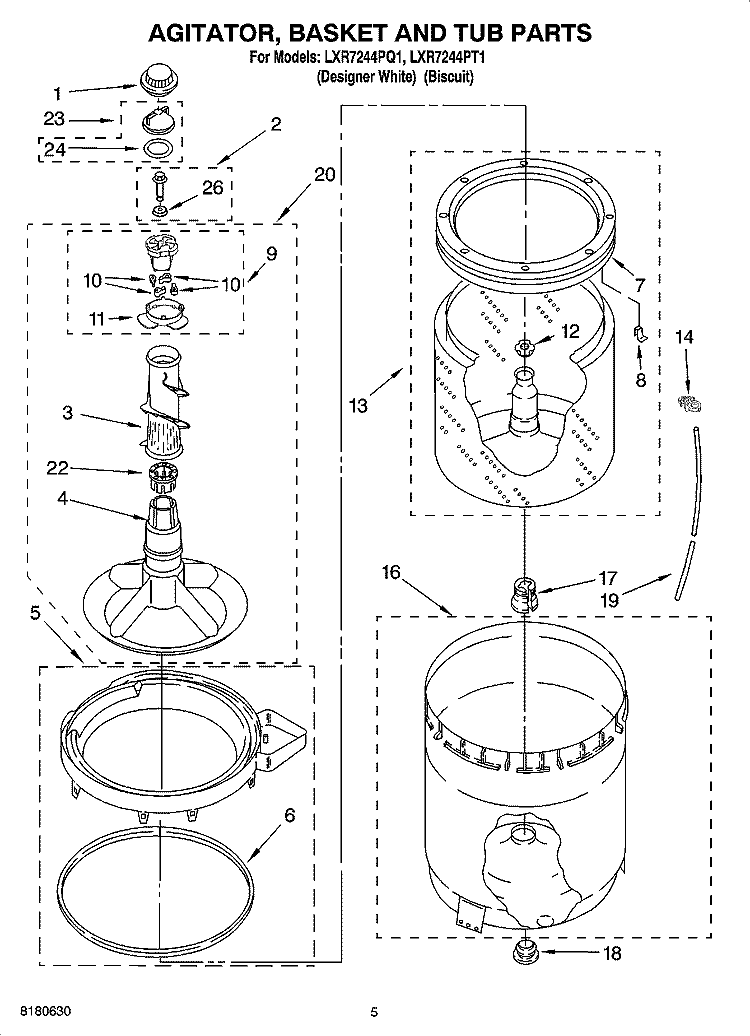 AGITATOR, BASKET AND TUB PARTS Diagram and Parts List for LXR7244PQ1  Whirlpool Washer
