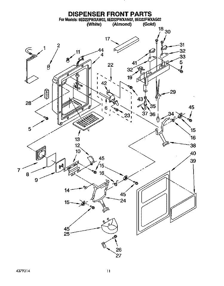 DISPENSER FRONT Diagram and Parts List for 8ED22PWXAW02  Whirlpool Refrigerator