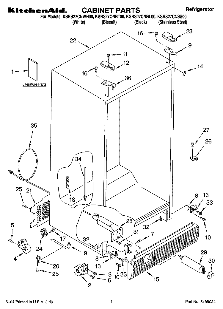 CABINET PARTS Diagram and Parts List for KSRS27CNSS00  KitchenAid Refrigerator
