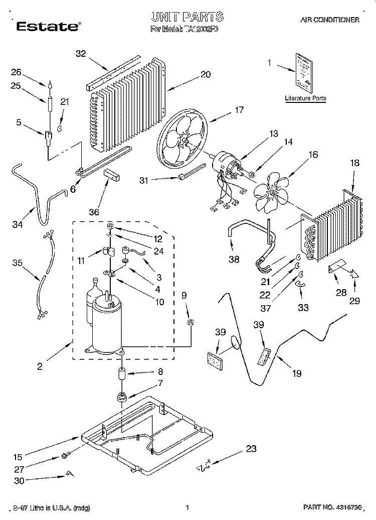 UNIT, LITERATURE Diagram and Parts List for TA12002F0  Whirlpool Air Conditioner