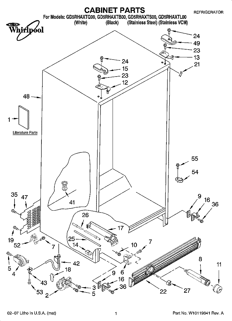 CABINET PARTS Diagram and Parts List for GD5RHAXTS00  Whirlpool Refrigerator