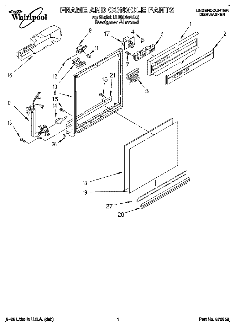 FRAME AND CONSOLE Diagram and Parts List for DU980QPDZ2  Whirlpool Dishwasher
