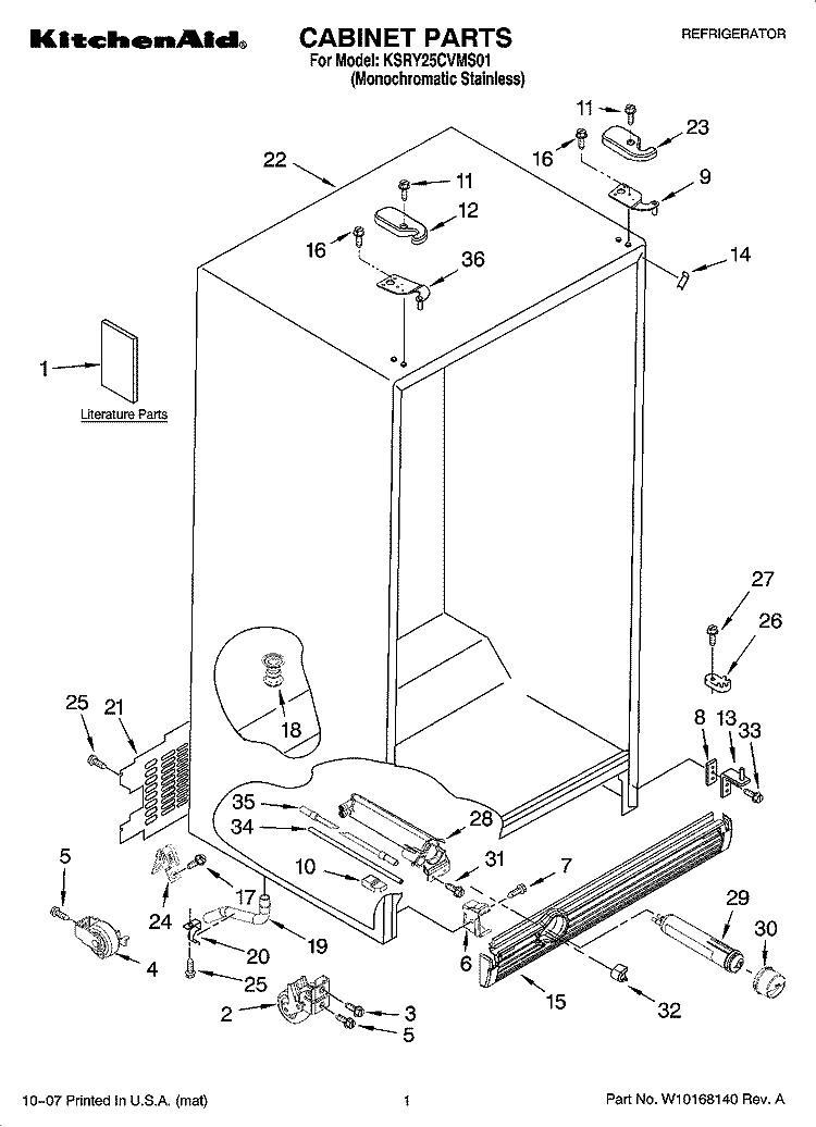 CABINET PARTS Diagram and Parts List for KSRY25CVMS01  KitchenAid Refrigerator