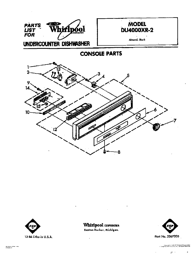CONSOLE Diagram and Parts List for DU4000XR2  Whirlpool Dishwasher