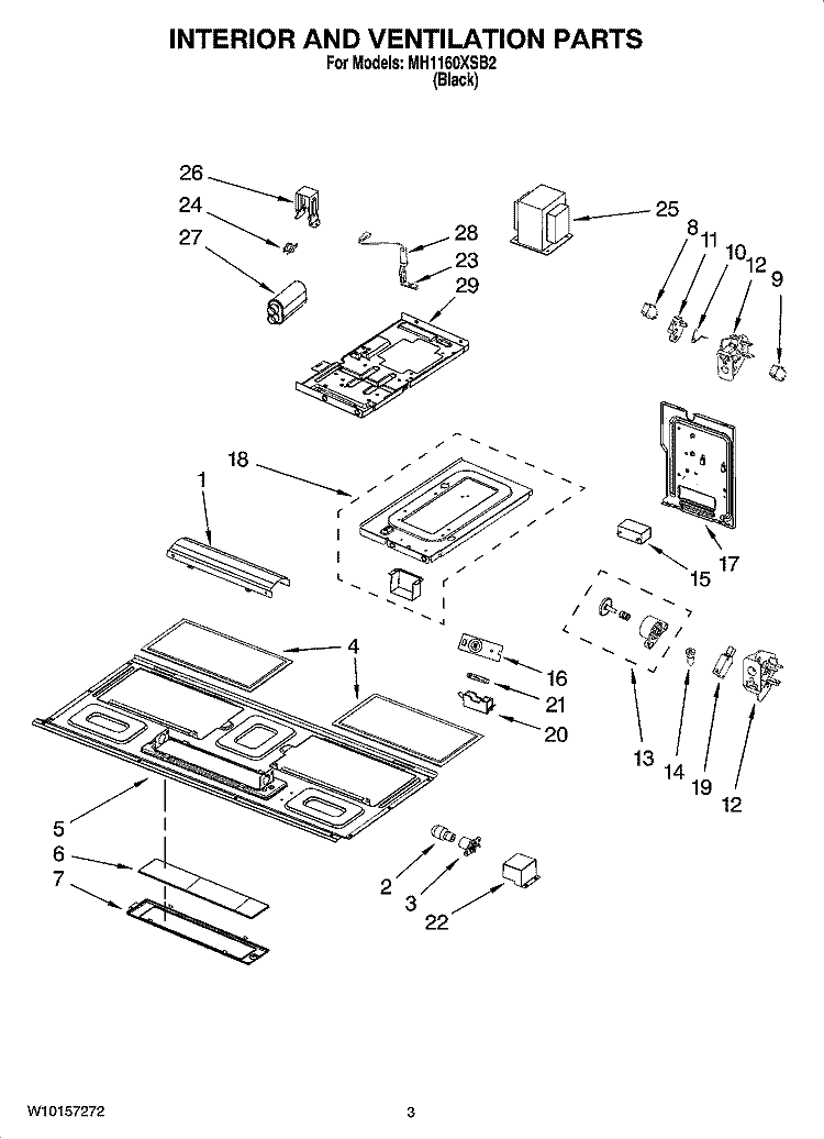 INTERIOR AND VENTILATION PARTS Diagram and Parts List for MH1160XSB2  Whirlpool Microwave