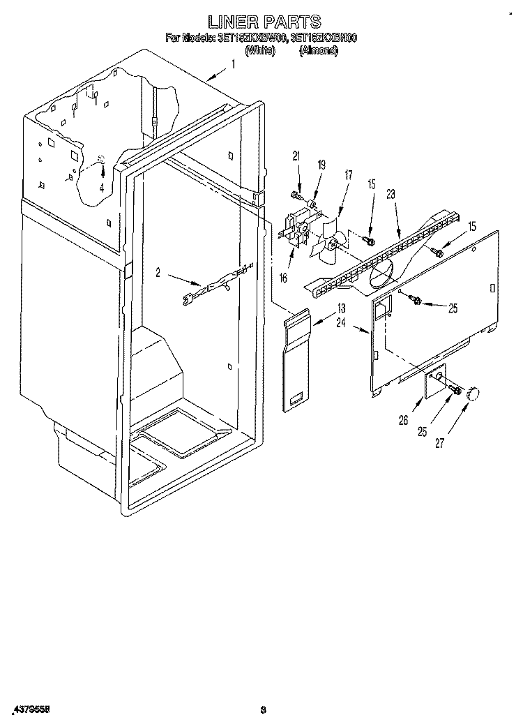 LINER Diagram and Parts List for 3ET18ZKXBN00  Whirlpool Refrigerator