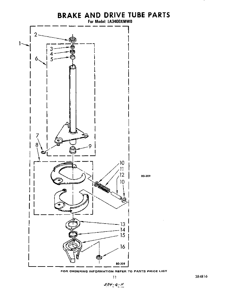 BRAKE AND DRIVE TUBE Diagram and Parts List for LA3400XMW0  Whirlpool Washer