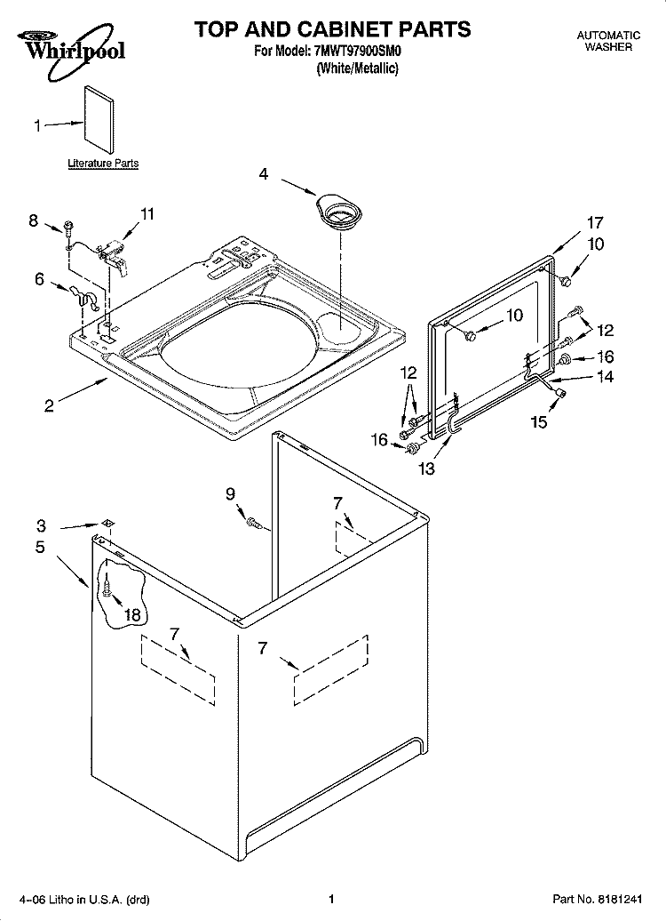 TOP AND CABINET PARTS Diagram and Parts List for 7MWT97900SM0  Whirlpool Washer