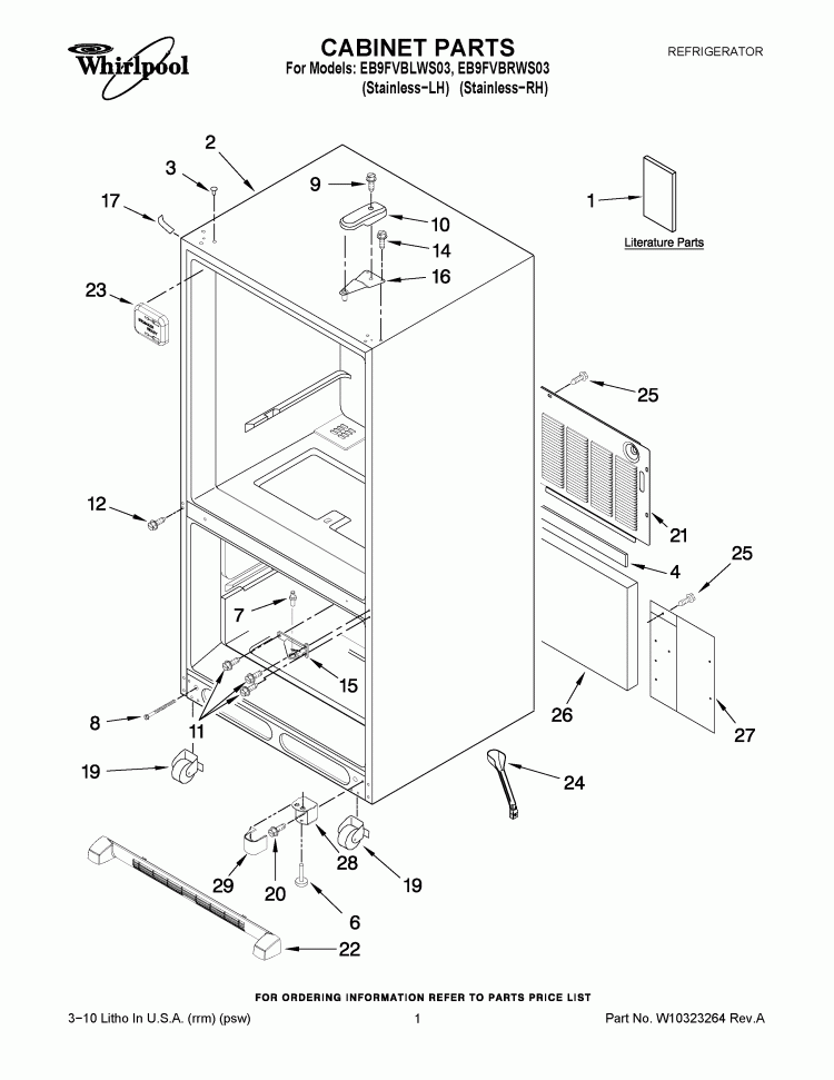 CABINET PARTS Diagram and Parts List for EB9FVBLWS03  Whirlpool Refrigerator
