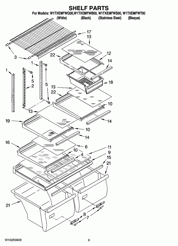 SHELF PARTS, OPTIONAL PARTS (NOT INCLUDED) Diagram and Parts List for W1TXEMFWT00  Whirlpool Refrigerator
