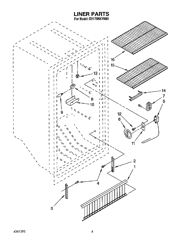 LINER Diagram and Parts List for EV170NXYN00  Whirlpool Freezer