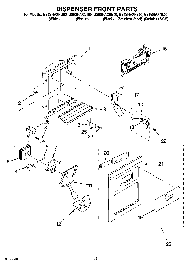 DISPENSER FRONT PARTS Diagram and Parts List for GS5SHAXNQ00  Whirlpool Refrigerator